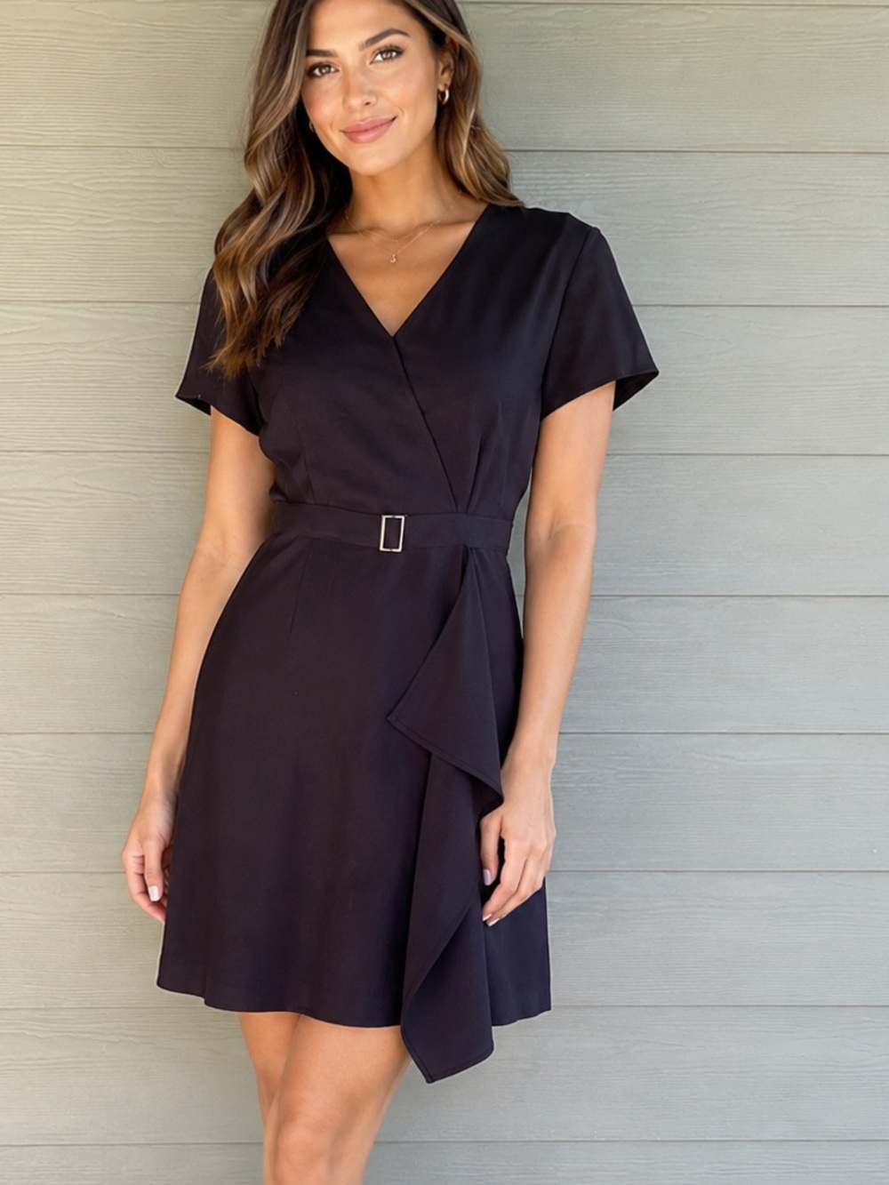 Ming Wang Belted Faux Wrap Dress
